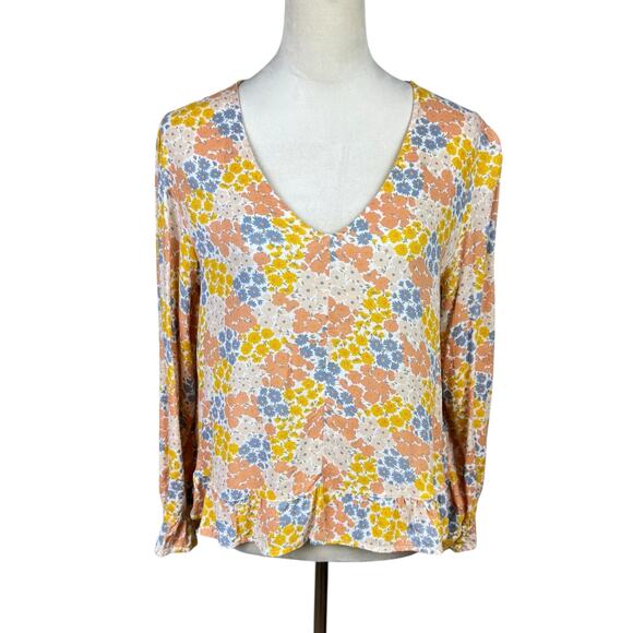 Lucky Brand Peach Blue Yellow Floral Long Sleeve V-neck Boho Casual Top - Picture 1 of 13